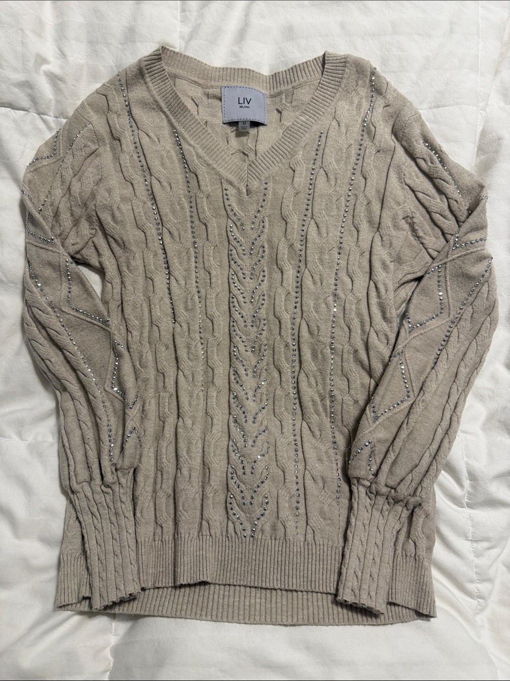 LIV Milano - Taupe-Beige Cable Knit V-Neck Sweater with Beaded Trim - Medium